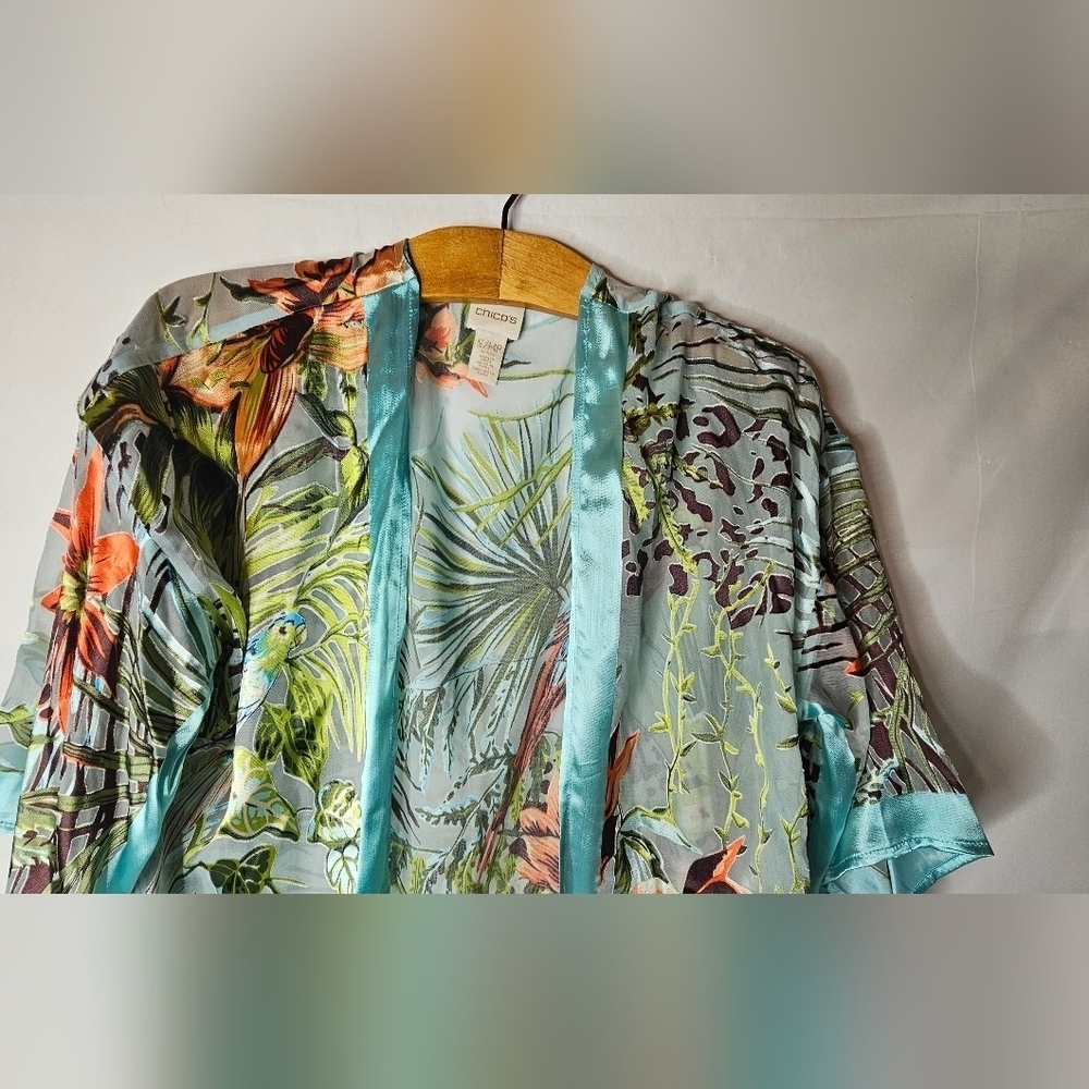 Chicos Tropical Parrot Ruana Multi-Colored Aqua Semi-Sheer Kimono Size S/M - Picture 2 of 9